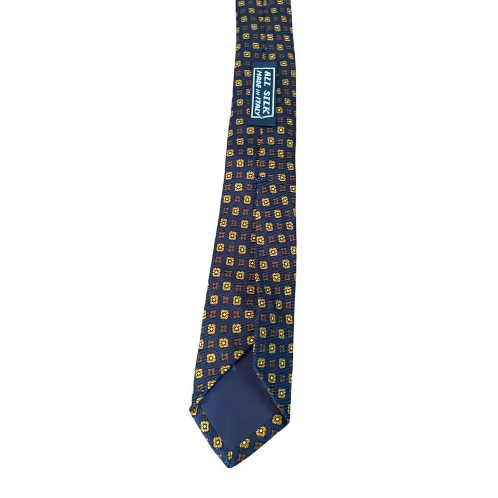 Stefanozzi Italy Silk Tie Navy Gold Geometric‎ Medallion Necktie